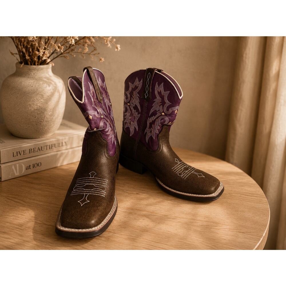 Ariat Brown Purple Western Cowboy Boots Square Toe Women 5 NWOB Coastal Chic